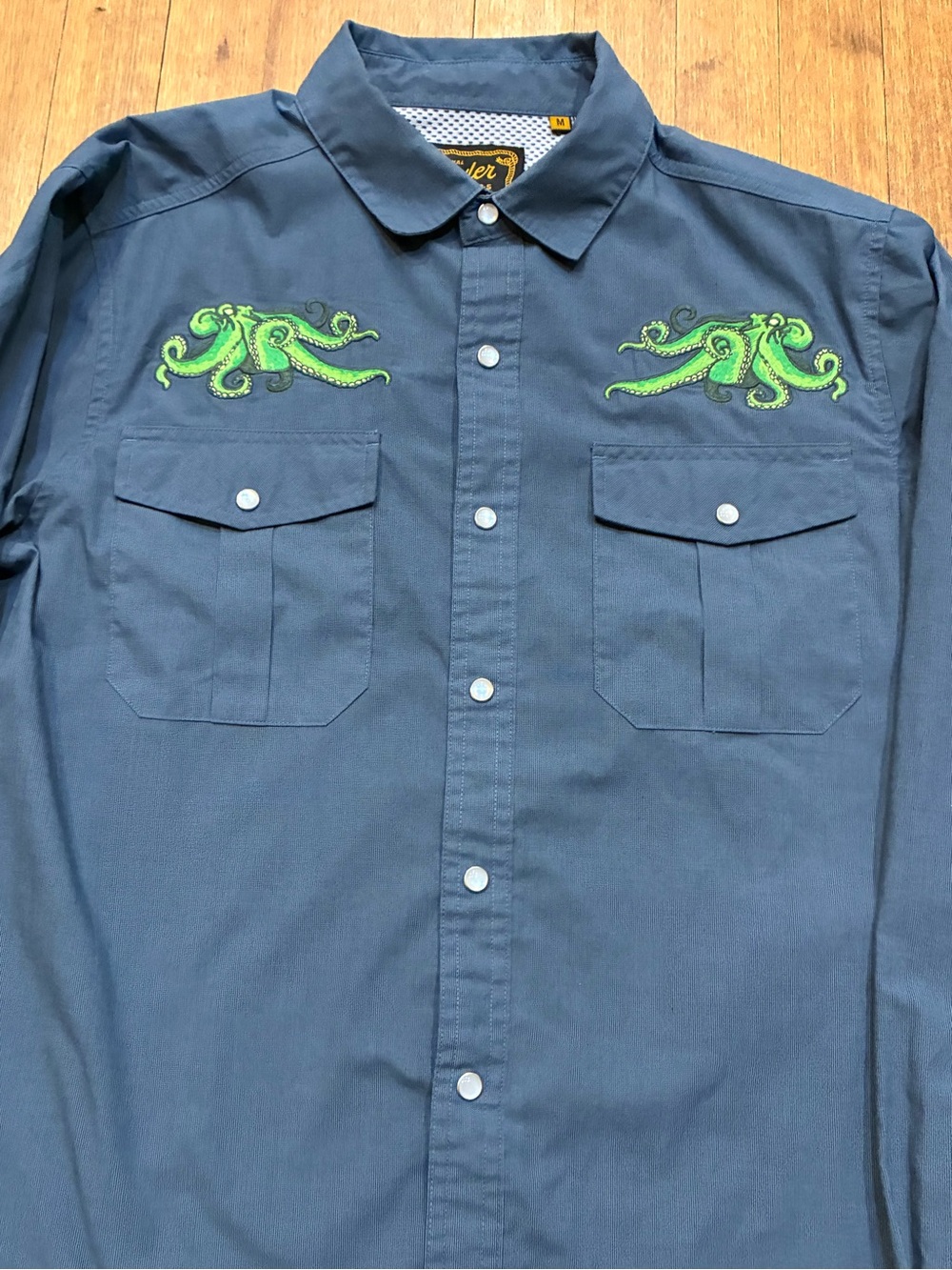 Howler Brothers Navy Button-Up Shirt with Green Octopus Embroidery - MEDIUM
